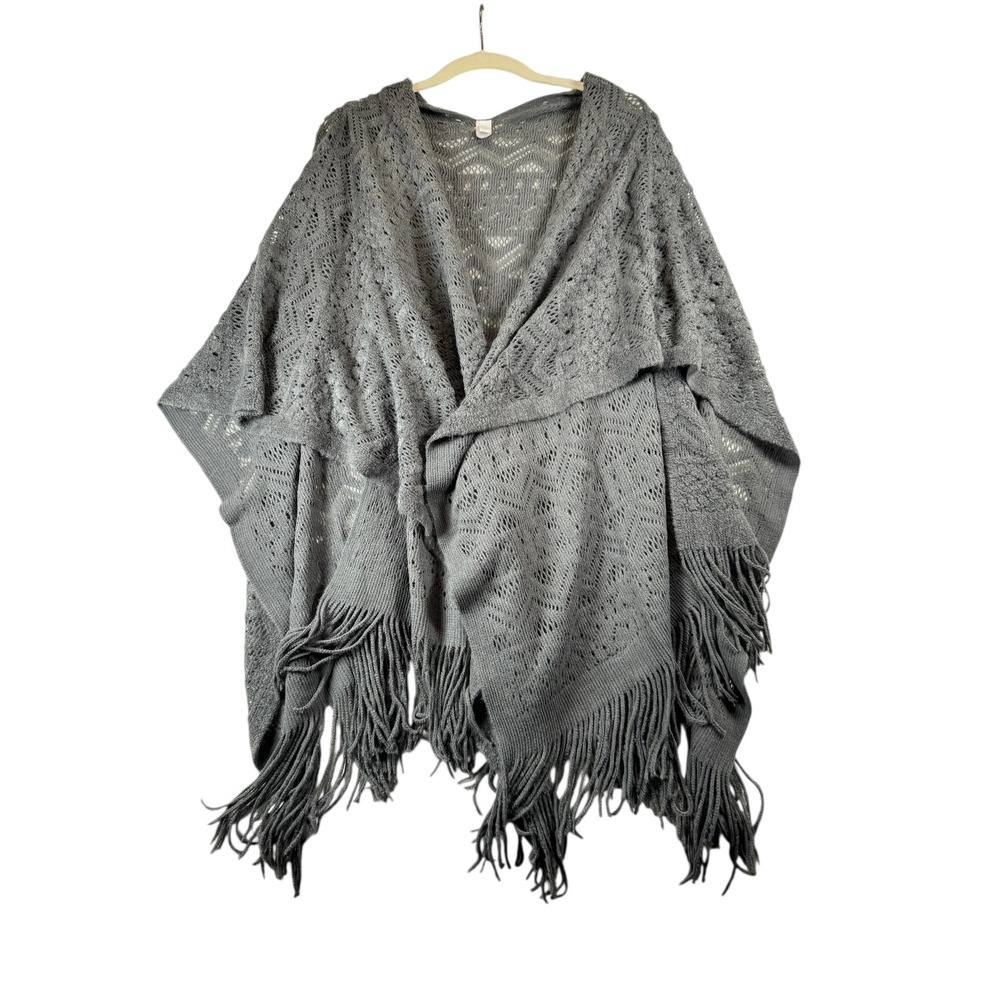 Gray Knit Fringe Poncho Shawl Open Front Cover Up Women's Casual Bohemian Simple